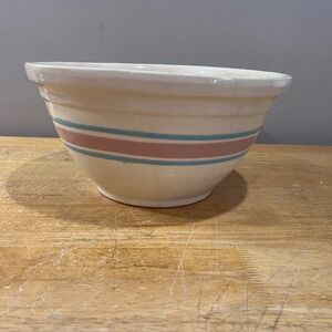 Vtg McCoy Oven Ware #12 Large Stoneware Mixing Bowl Pink Blue Stripe Farmhouse